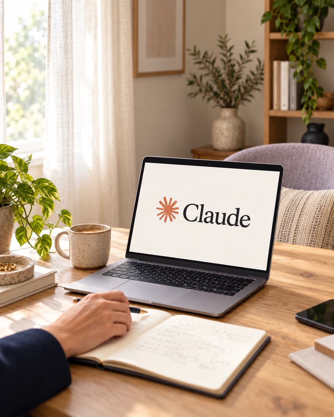 Bureau lumineux de l'atelier digital, ordinateur affichant le logo Claude et carnet de travail ouvert